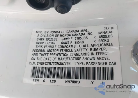 2016 Honda Civic Ex-L from USA, damaged, VIN 2HGFC3B73GH357726